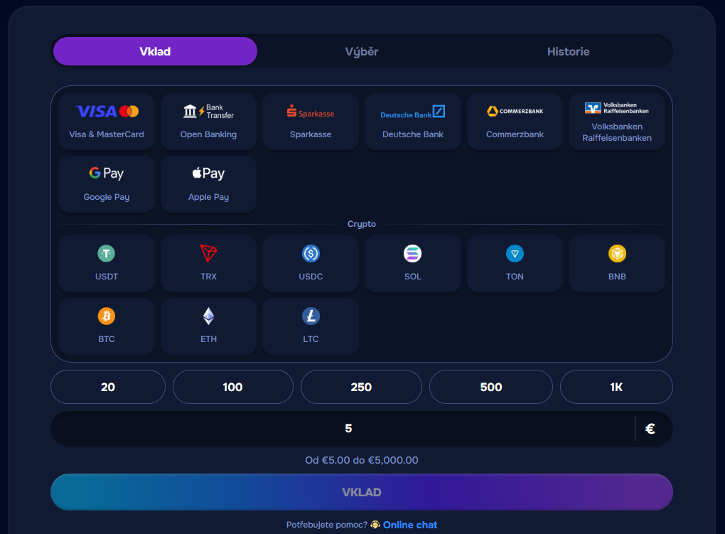 Stránka vkladů Wizardo VISA MasterCard Wise ING krypto USDT.