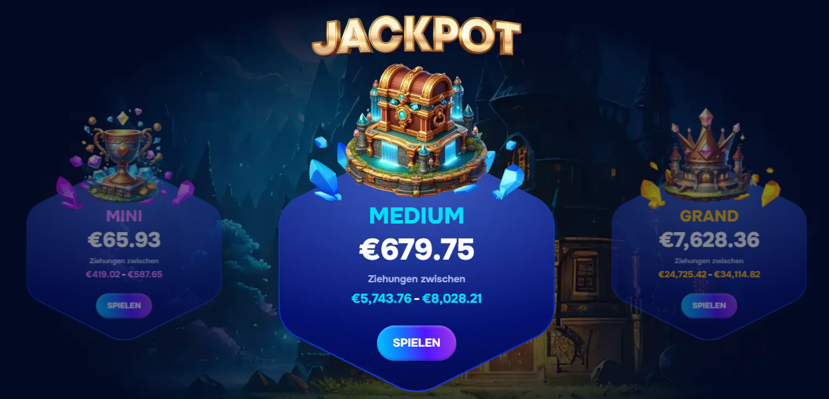 Progressiver Jackpot im Wizardo Casino mit Mini-, Medium- und Grand-Preisen.